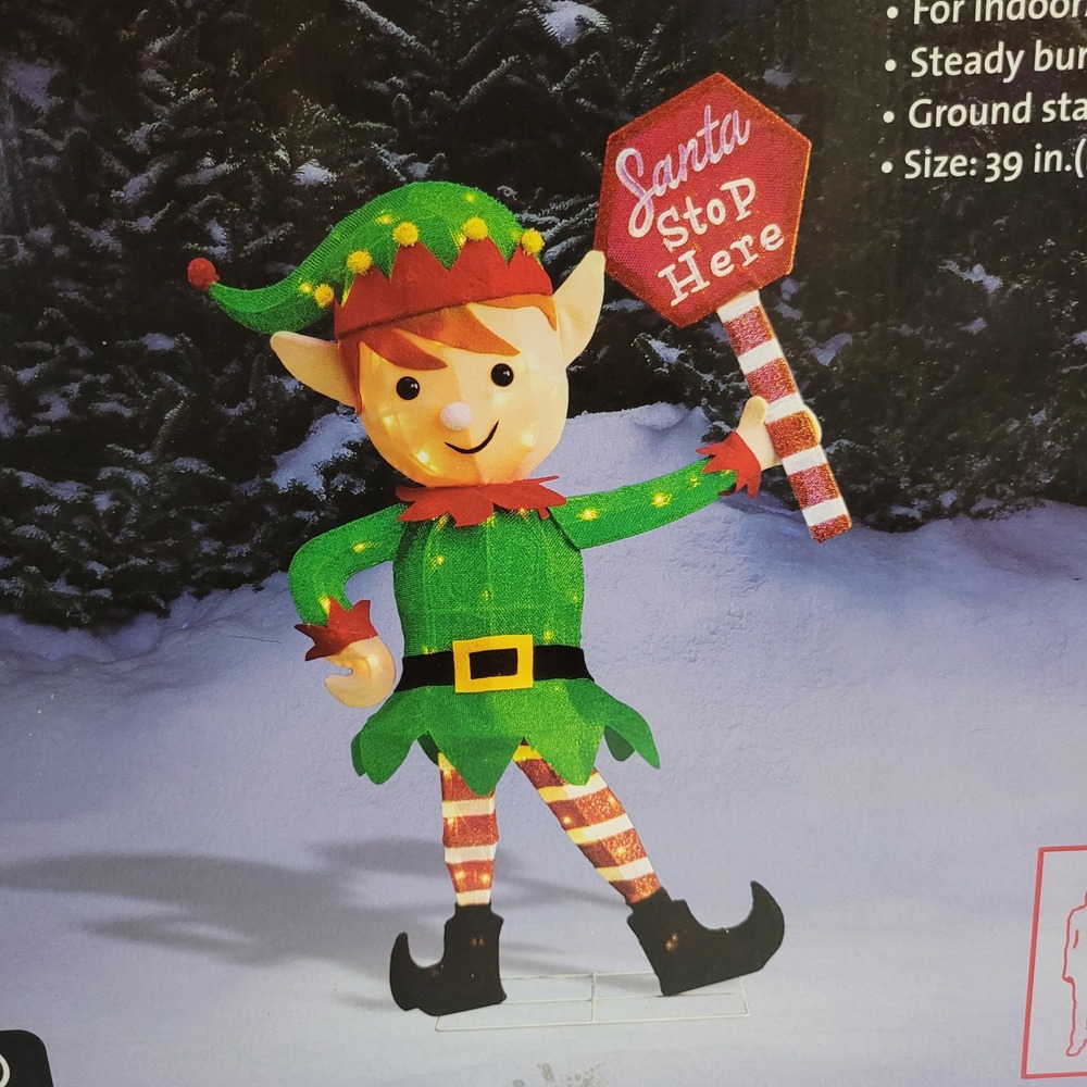 Winter Wonder Lane Christmas Elf 39 Inch Lighted Yard Decor Santa Stop Here Sign